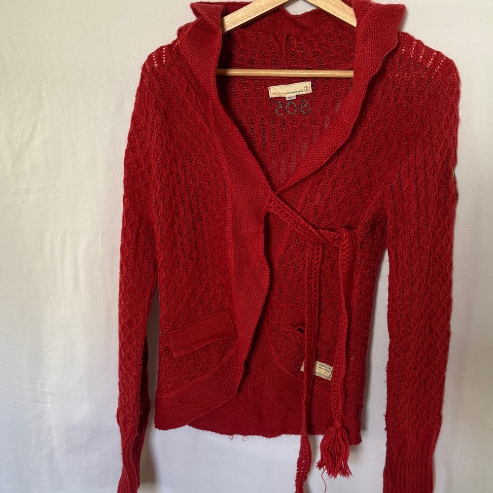 odd molly uncorporated 805 - Women’s Red Knit hooded Shawl-Collar Wrap Sweater